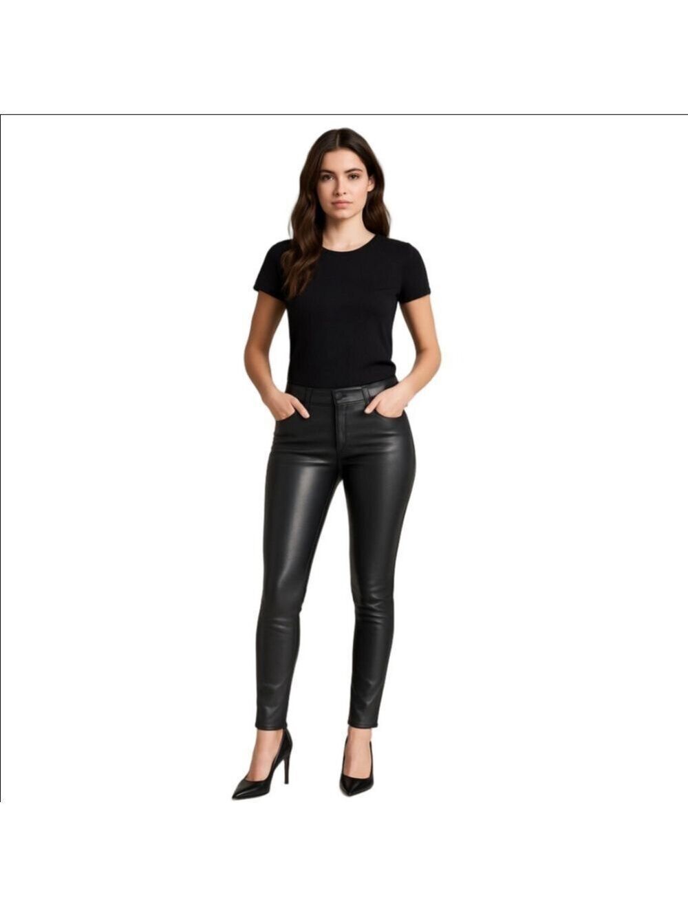 Hybrid & company Matte Charcoal Faux Leather Slim-fut Pants.